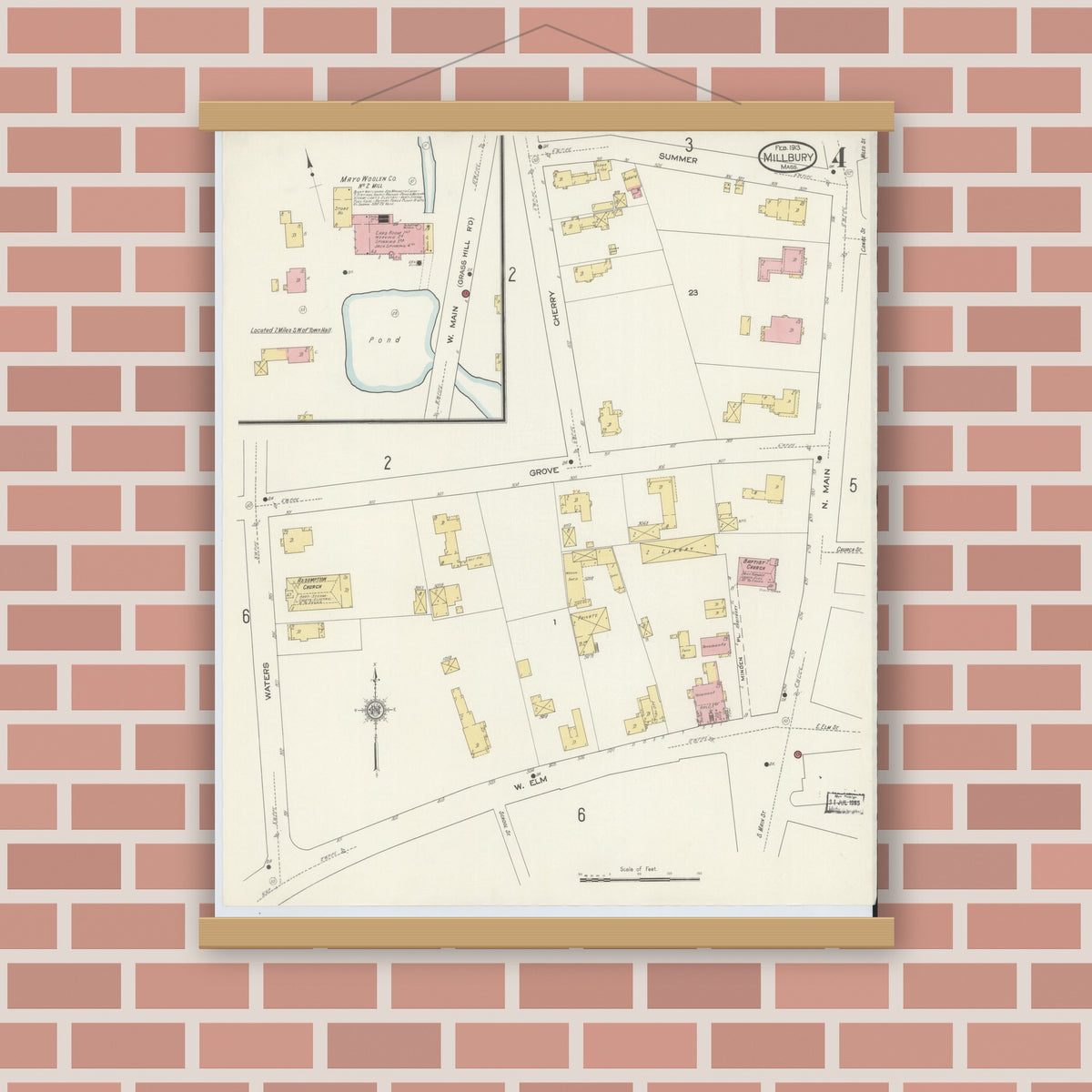 Old map wall art mockup — magnetic wood frame on brick wall — Sanborn Fire Insurance Map from Millbury, Worcester County, Massachusetts (1913), Sheet #0004