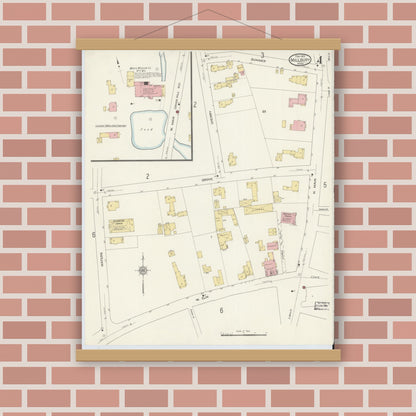 Old map wall art mockup — magnetic wood frame on brick wall — Sanborn Fire Insurance Map from Millbury, Worcester County, Massachusetts (1913), Sheet #0004