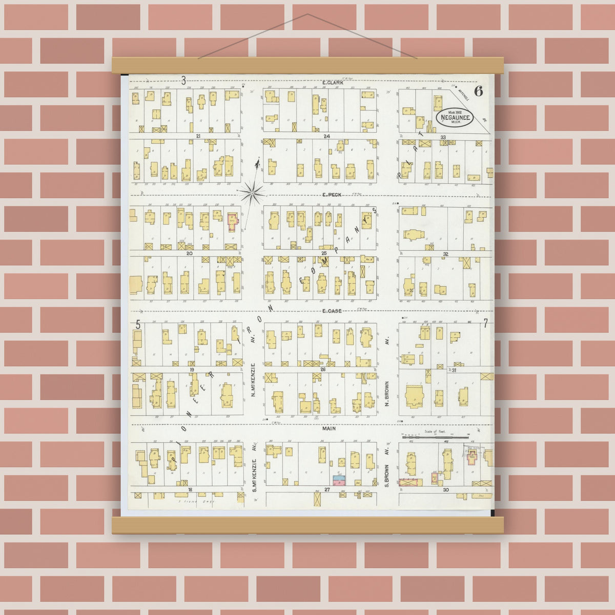 Old map wall art mockup — magnetic wood frame on brick wall — Sanborn Fire Insurance Map from Negaunee, Marquette County, Michigan (1902), Sheet #0006
