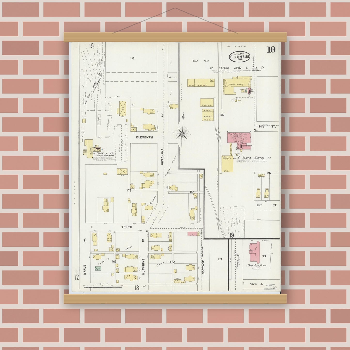Old map wall art mockup — magnetic wood frame on brick wall — Sanborn Fire Insurance Map from Columbus, Bartholomew County, Indiana (1898), Sheet #0019