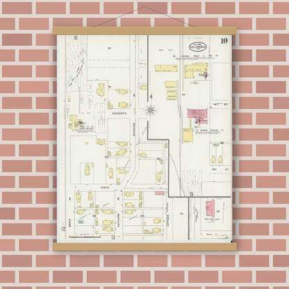 Old map wall art mockup — magnetic wood frame on brick wall — Sanborn Fire Insurance Map from Columbus, Bartholomew County, Indiana (1898), Sheet #0019