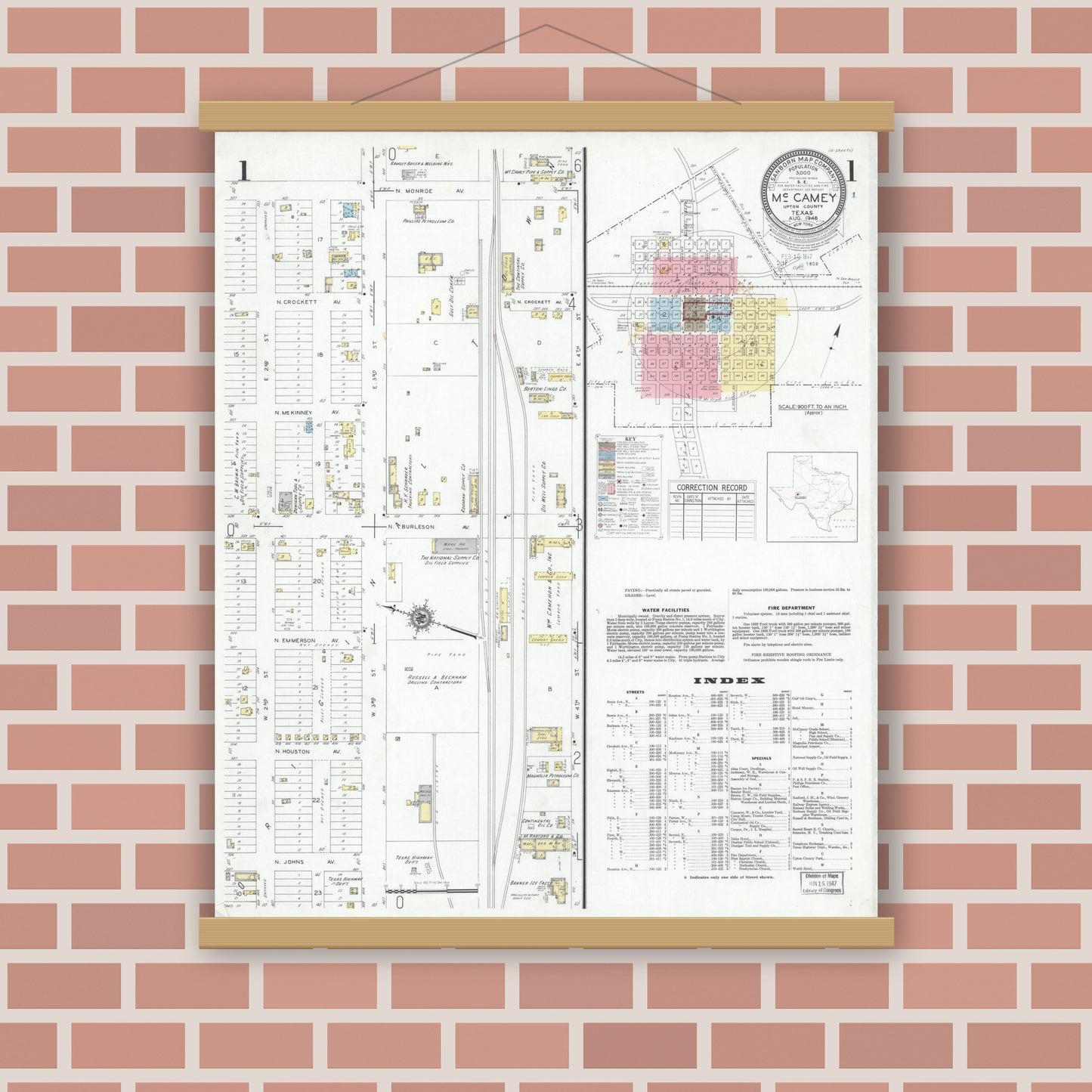 Old map wall art mockup — magnetic wood frame on brick wall — Sanborn Fire Insurance Map from McCamey, Upton County, Texas (1946) - Complete Map Set
