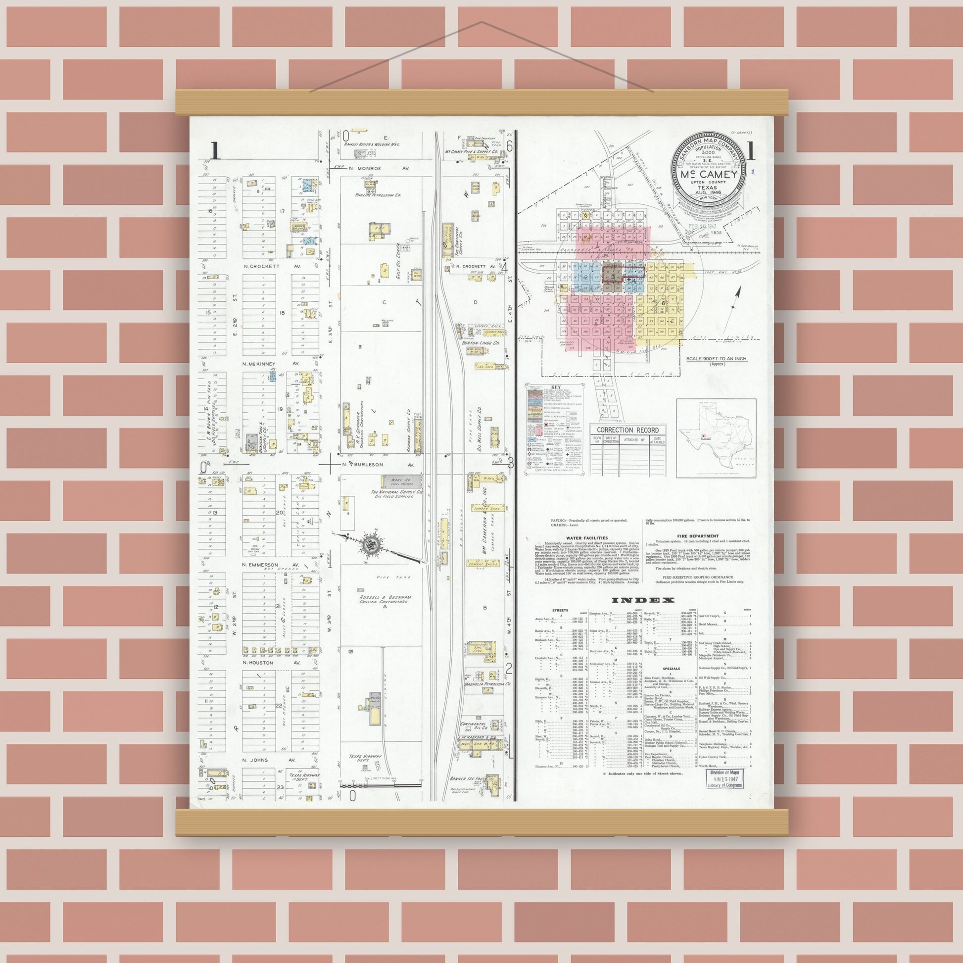 Old map wall art mockup — magnetic wood frame on brick wall — Sanborn Fire Insurance Map from McCamey, Upton County, Texas (1946) - Complete Map Set