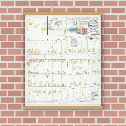 Old map wall art mockup — magnetic wood frame on brick wall — Sanborn Fire Insurance Map from New Concord, Muskingum County, Ohio (1918) - Complete Map Set