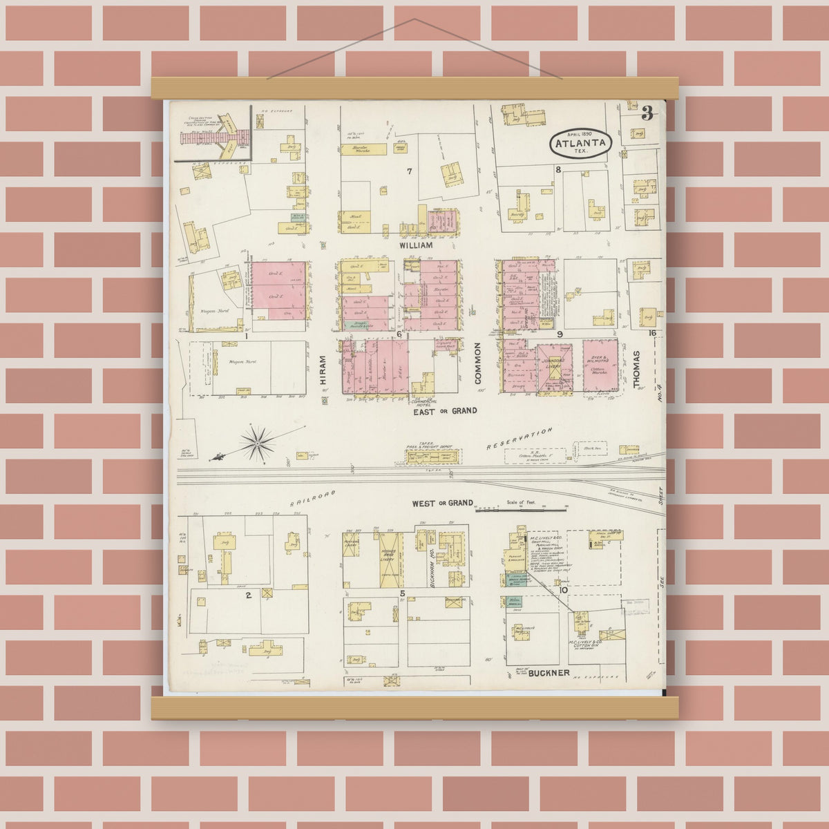 Old map wall art mockup — magnetic wood frame on brick wall — Sanborn Fire Insurance Map from Atlanta, Cass County, Texas (1890), Sheet #0003