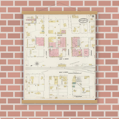 Old map wall art mockup — magnetic wood frame on brick wall — Sanborn Fire Insurance Map from Atlanta, Cass County, Texas (1890), Sheet #0003