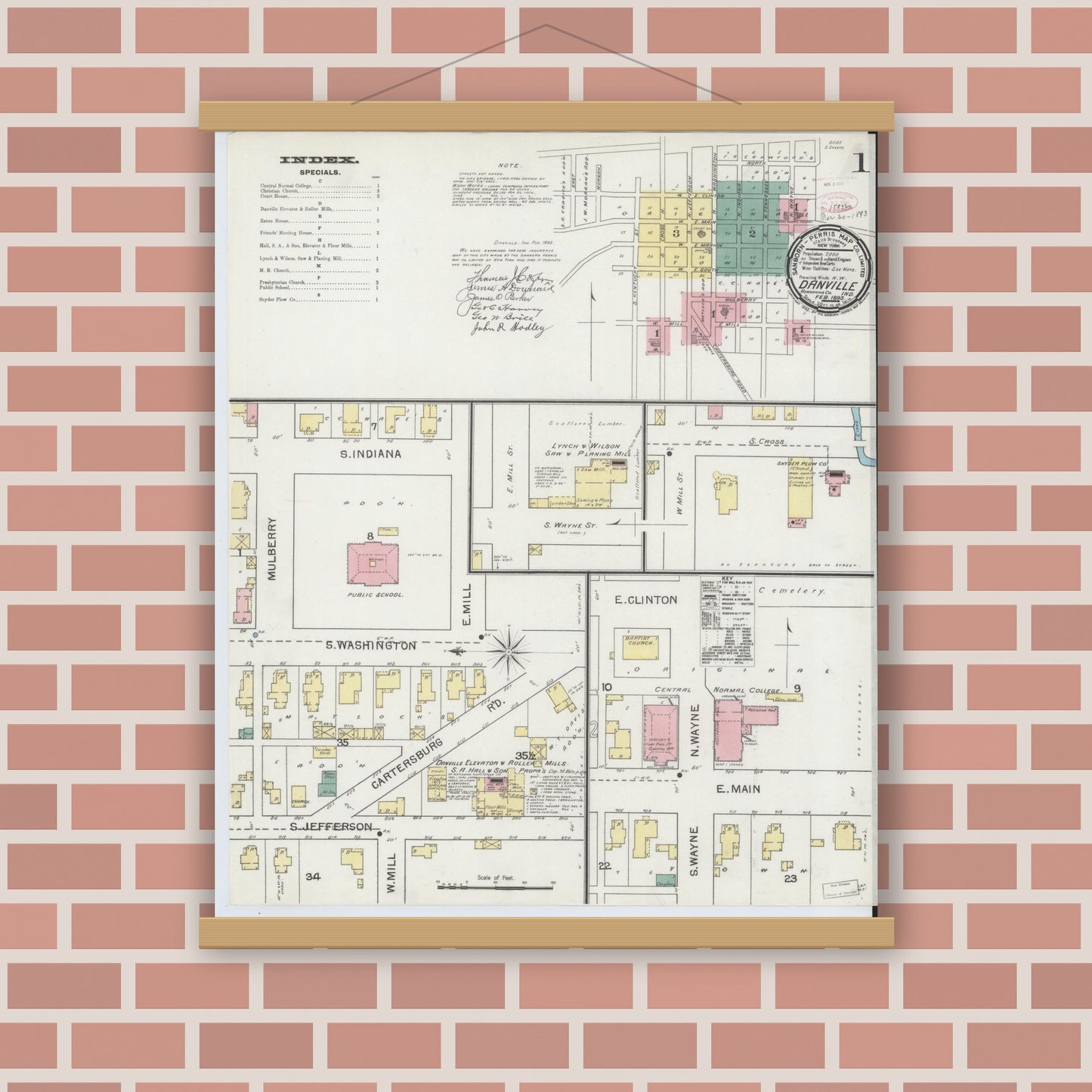 Old map wall art mockup — magnetic wood frame on brick wall — Sanborn Fire Insurance Map from Danville, Hendricks County, Indiana (1893) - Complete Map Set