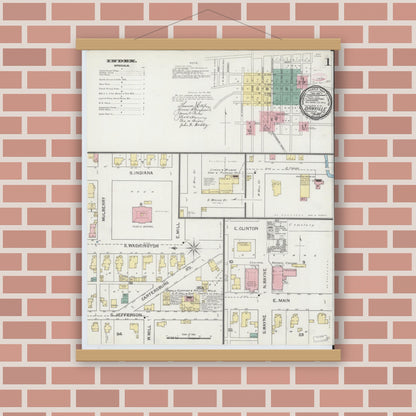 Old map wall art mockup — magnetic wood frame on brick wall — Sanborn Fire Insurance Map from Danville, Hendricks County, Indiana (1893) - Complete Map Set