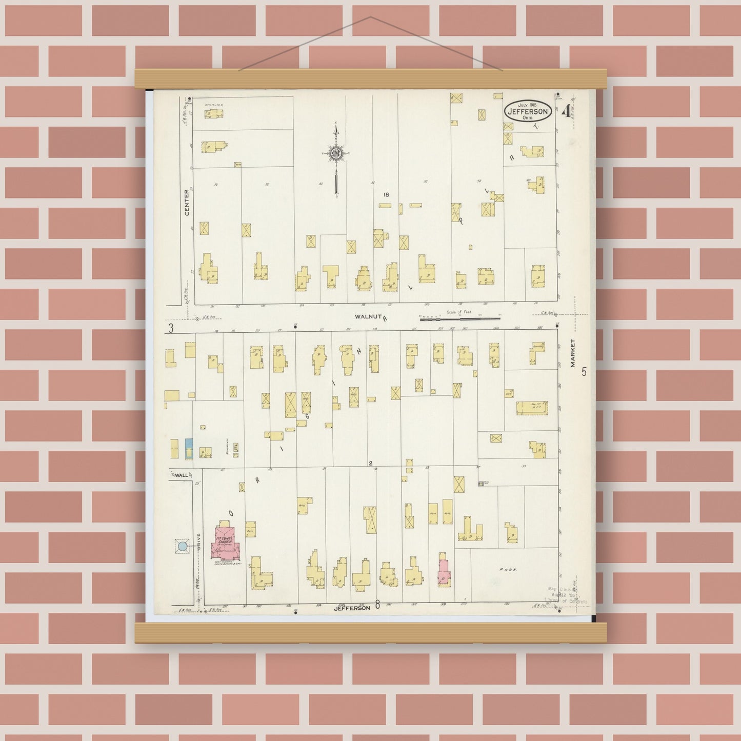 Old map wall art mockup — magnetic wood frame on brick wall — Sanborn Fire Insurance Map from Jefferson, Ashtabula County, Ohio (1915), Sheet #0004