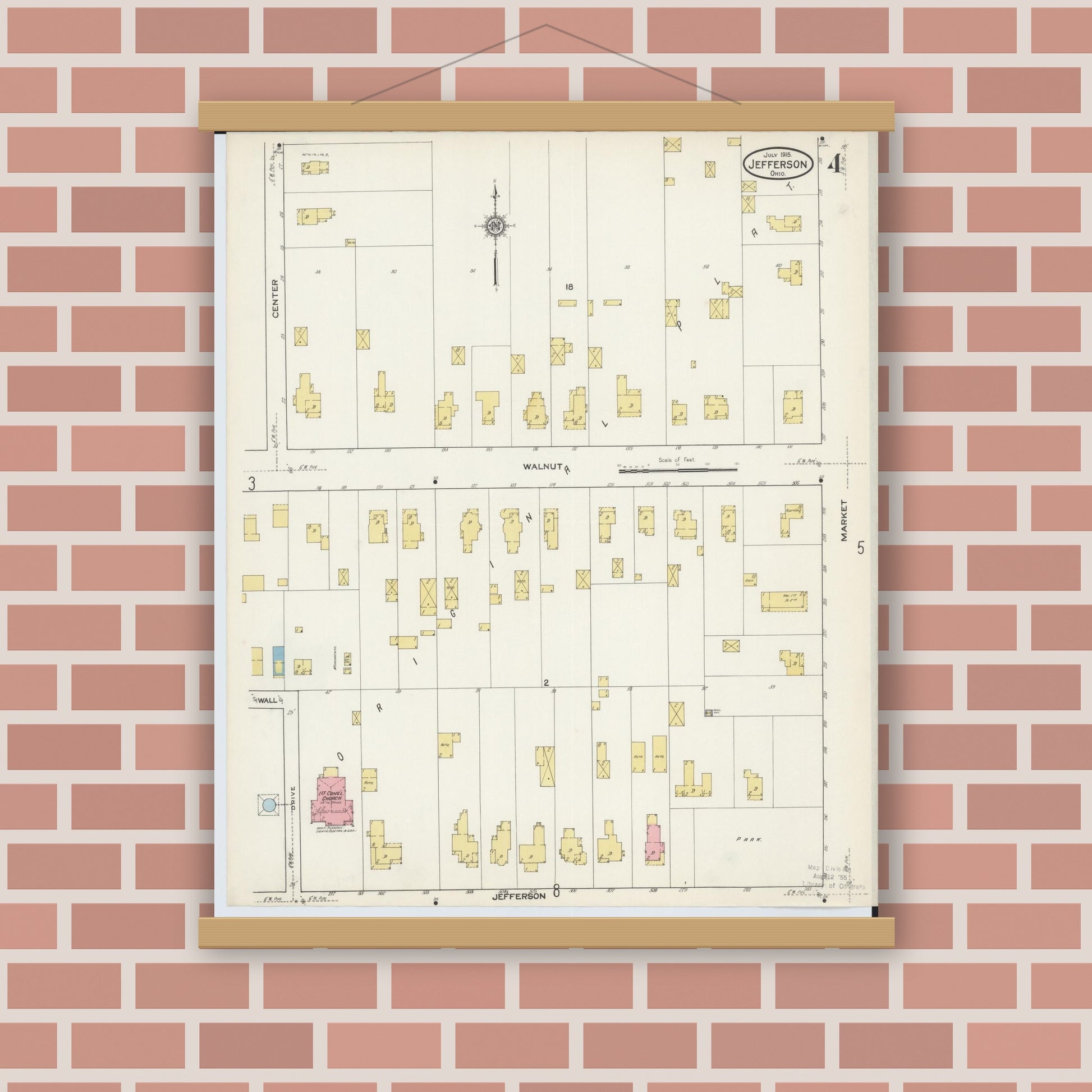 Old map wall art mockup — magnetic wood frame on brick wall — Sanborn Fire Insurance Map from Jefferson, Ashtabula County, Ohio (1915), Sheet #0004