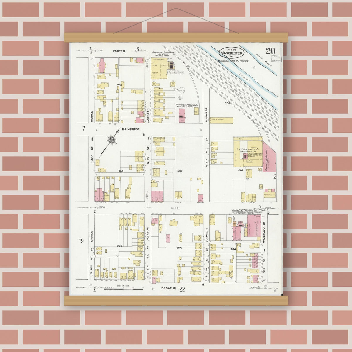 Old map wall art mockup — magnetic wood frame on brick wall — Sanborn Fire Insurance Map from Manchester, Chesterfield County, Virginia (1910), Sheet #0020