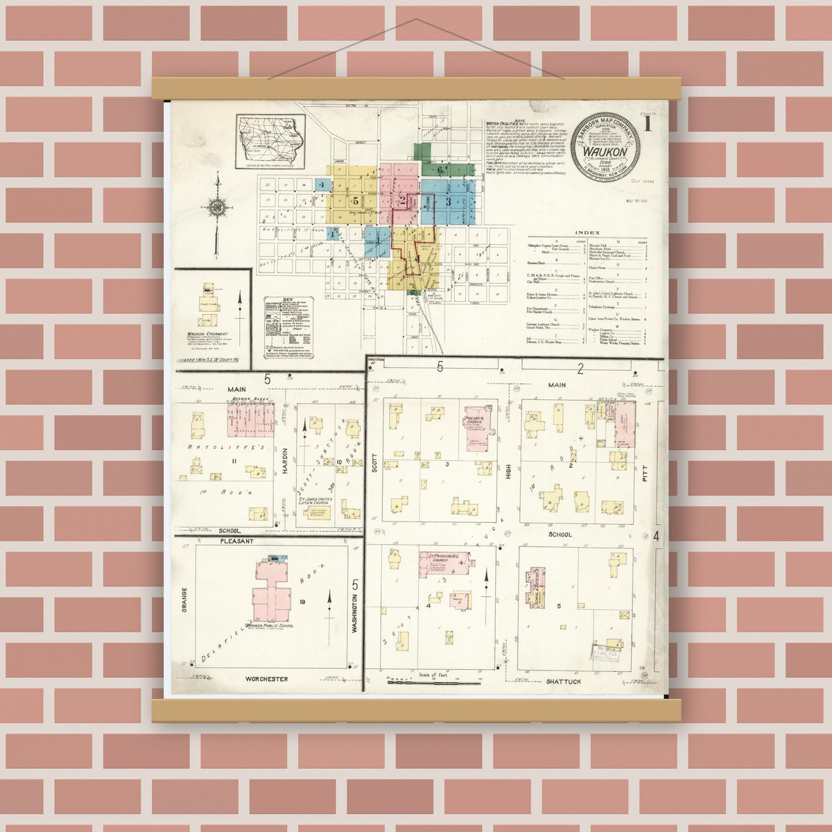 Old map wall art mockup — magnetic wood frame on brick wall — Sanborn Fire Insurance Map from Waukon, Allamakee County, Iowa (1913) â€” Complete Set