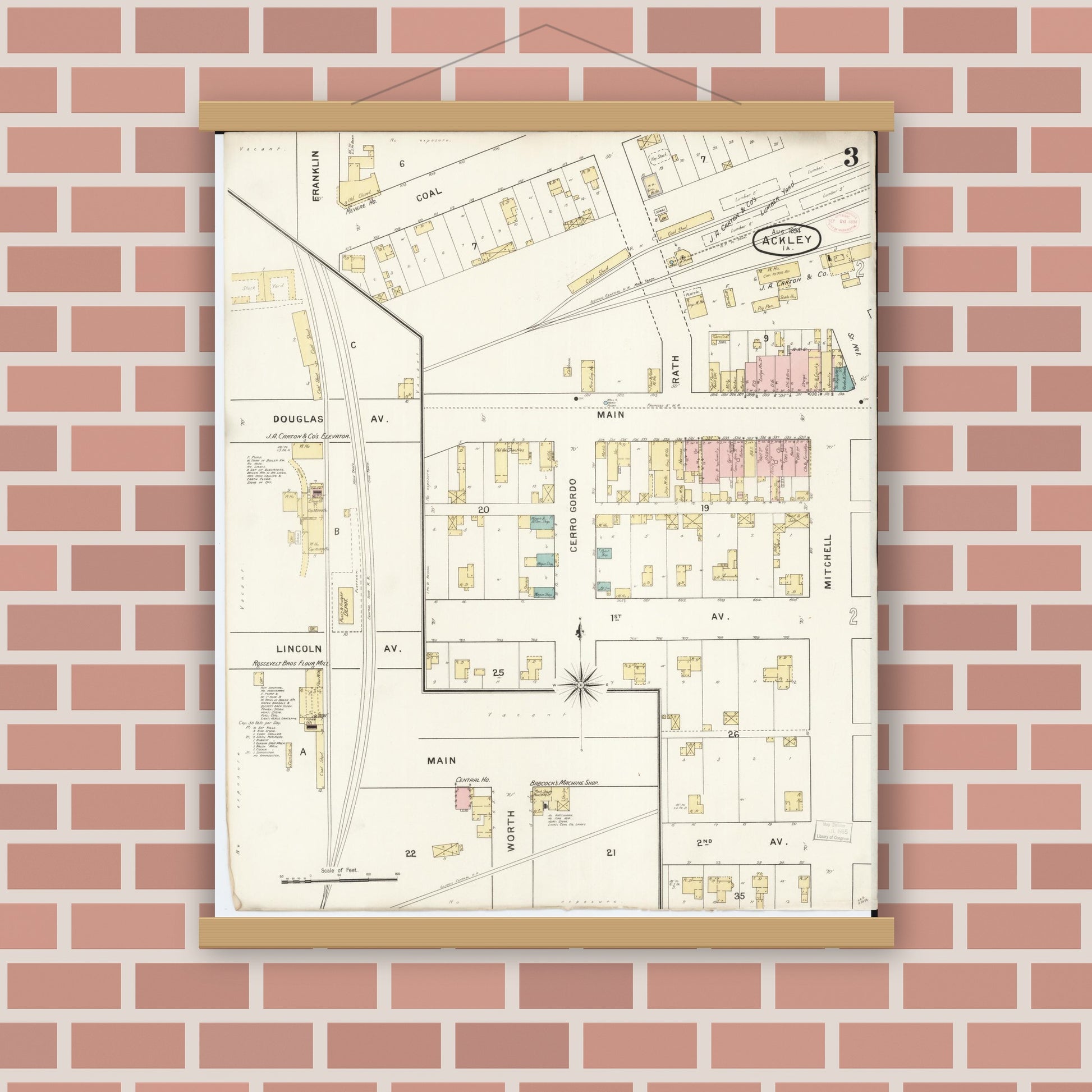 Old map wall art mockup — magnetic wood frame on brick wall — Sanborn Fire Insurance Map from Ackley, Hardin and Franklin Counties, Iowa (1894), Sheet #0003