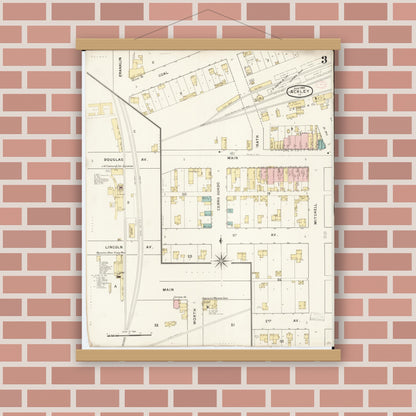 Old map wall art mockup — magnetic wood frame on brick wall — Sanborn Fire Insurance Map from Ackley, Hardin and Franklin Counties, Iowa (1894), Sheet #0003