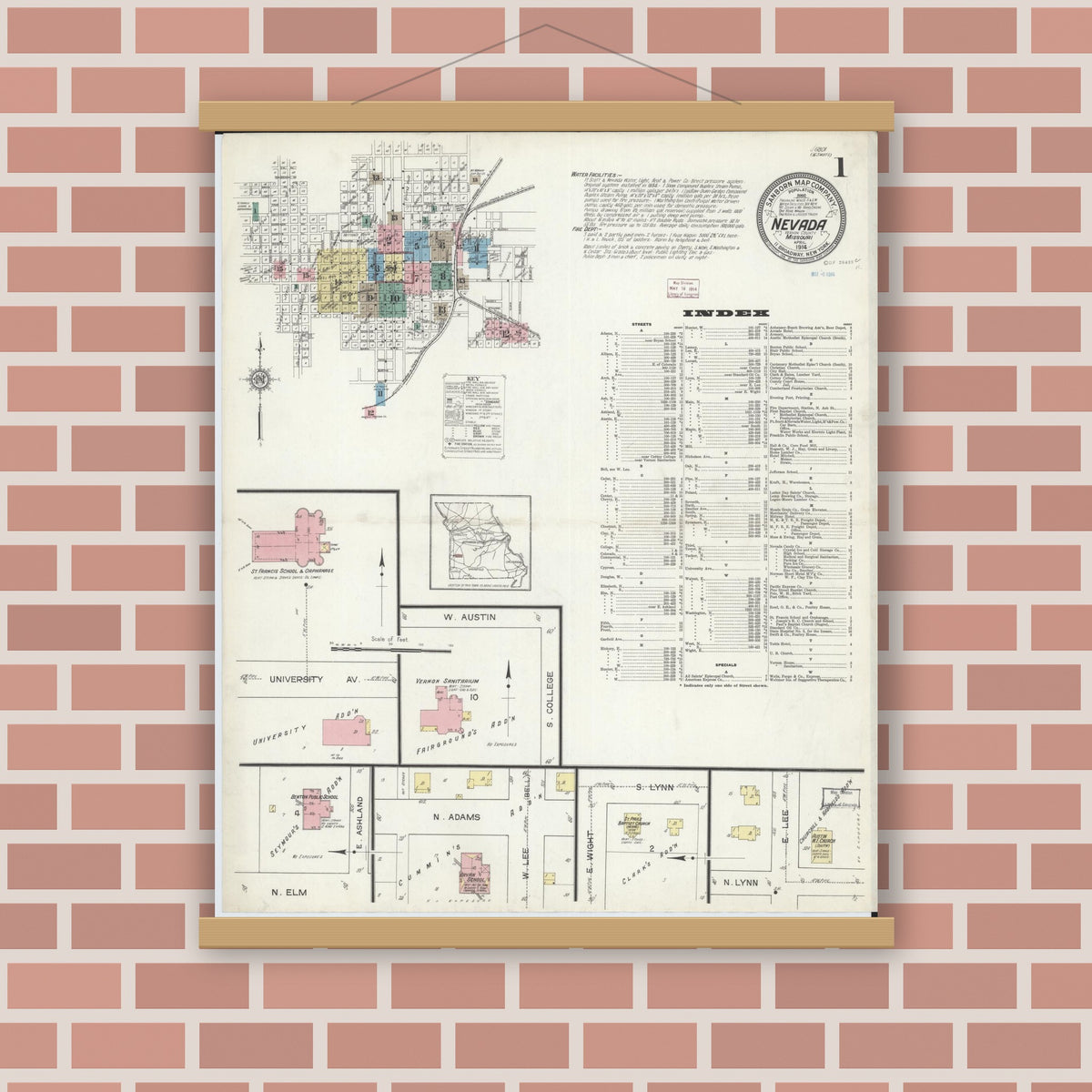 Old map wall art mockup — magnetic wood frame on brick wall — Sanborn Fire Insurance Map from Nevada, Vernon County, Missouri (1914) - Complete Map Set