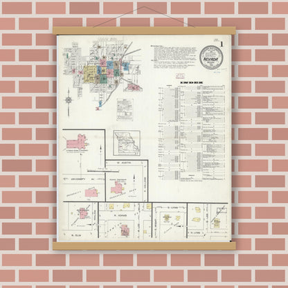 Old map wall art mockup — magnetic wood frame on brick wall — Sanborn Fire Insurance Map from Nevada, Vernon County, Missouri (1914) - Complete Map Set