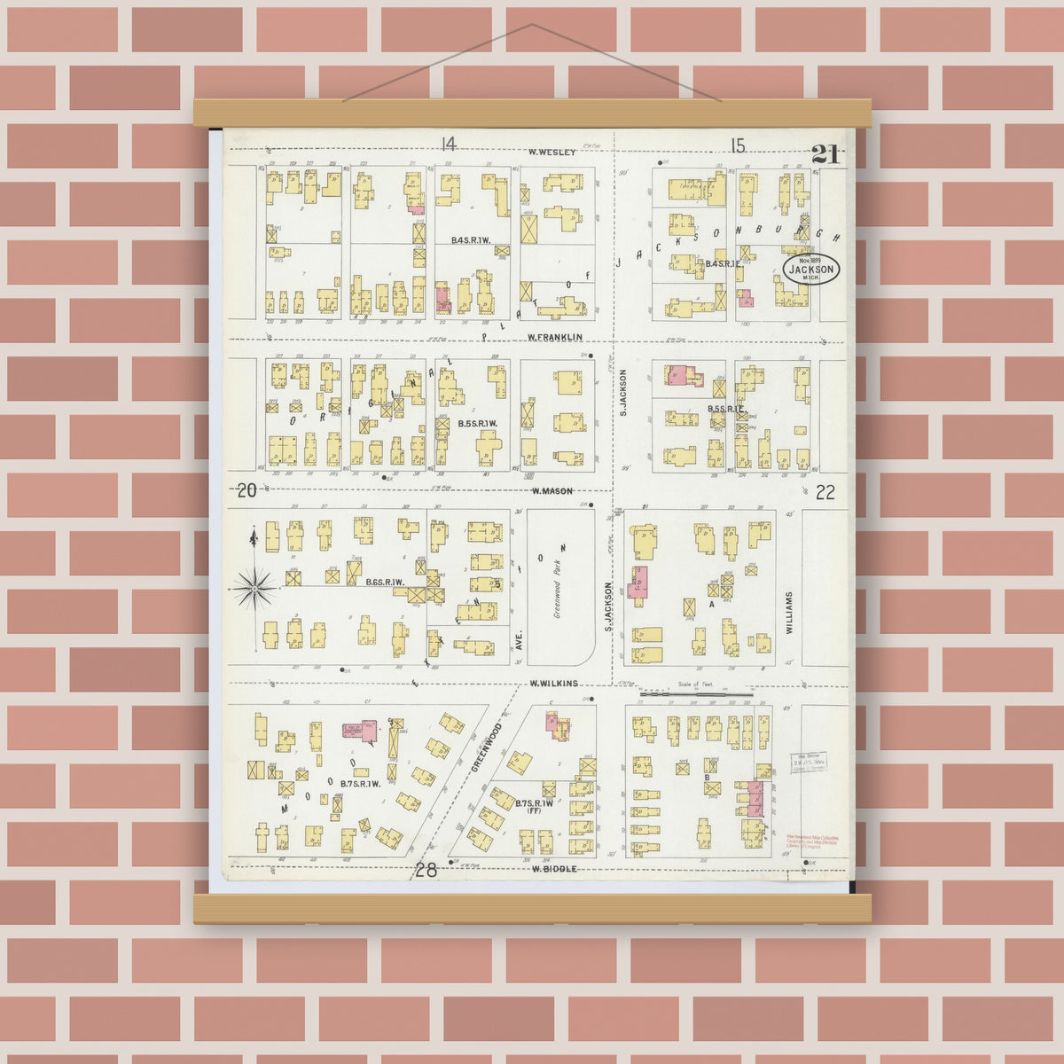 Old map wall art mockup — magnetic wood frame on brick wall — Sanborn Fire Insurance Map from Jackson, Jackson County, Michigan (1899), Sheet #0021