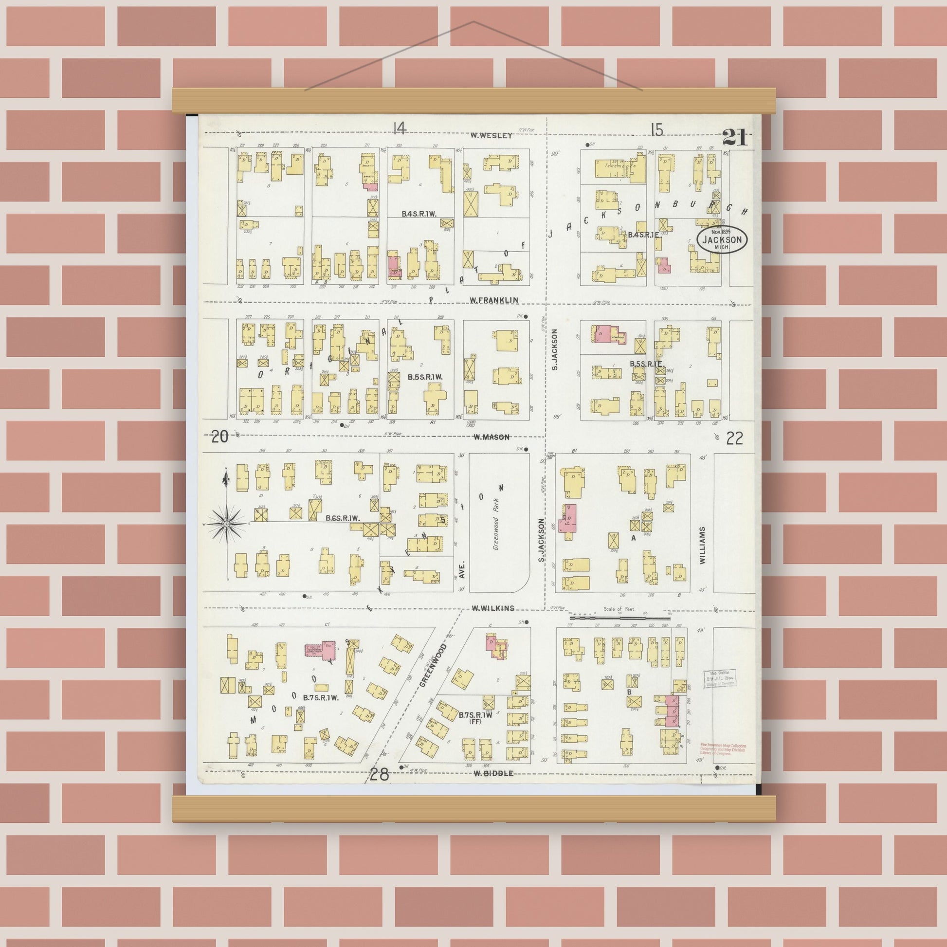 Old map wall art mockup — magnetic wood frame on brick wall — Sanborn Fire Insurance Map from Jackson, Jackson County, Michigan (1899), Sheet #0021