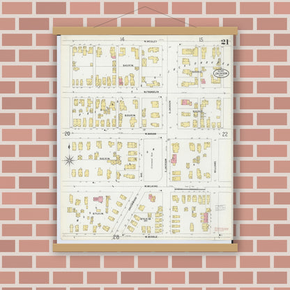 Old map wall art mockup — magnetic wood frame on brick wall — Sanborn Fire Insurance Map from Jackson, Jackson County, Michigan (1899), Sheet #0021