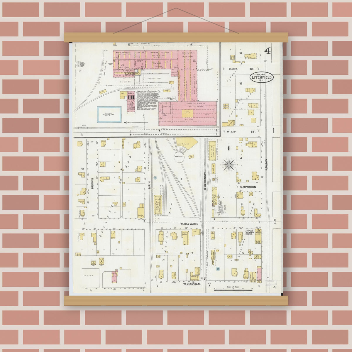 Old map wall art mockup — magnetic wood frame on brick wall — Sanborn Fire Insurance Map from Litchfield, Montgomery County, Illinois (1905), Sheet #0004