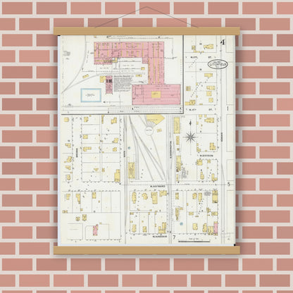 Old map wall art mockup — magnetic wood frame on brick wall — Sanborn Fire Insurance Map from Litchfield, Montgomery County, Illinois (1905), Sheet #0004