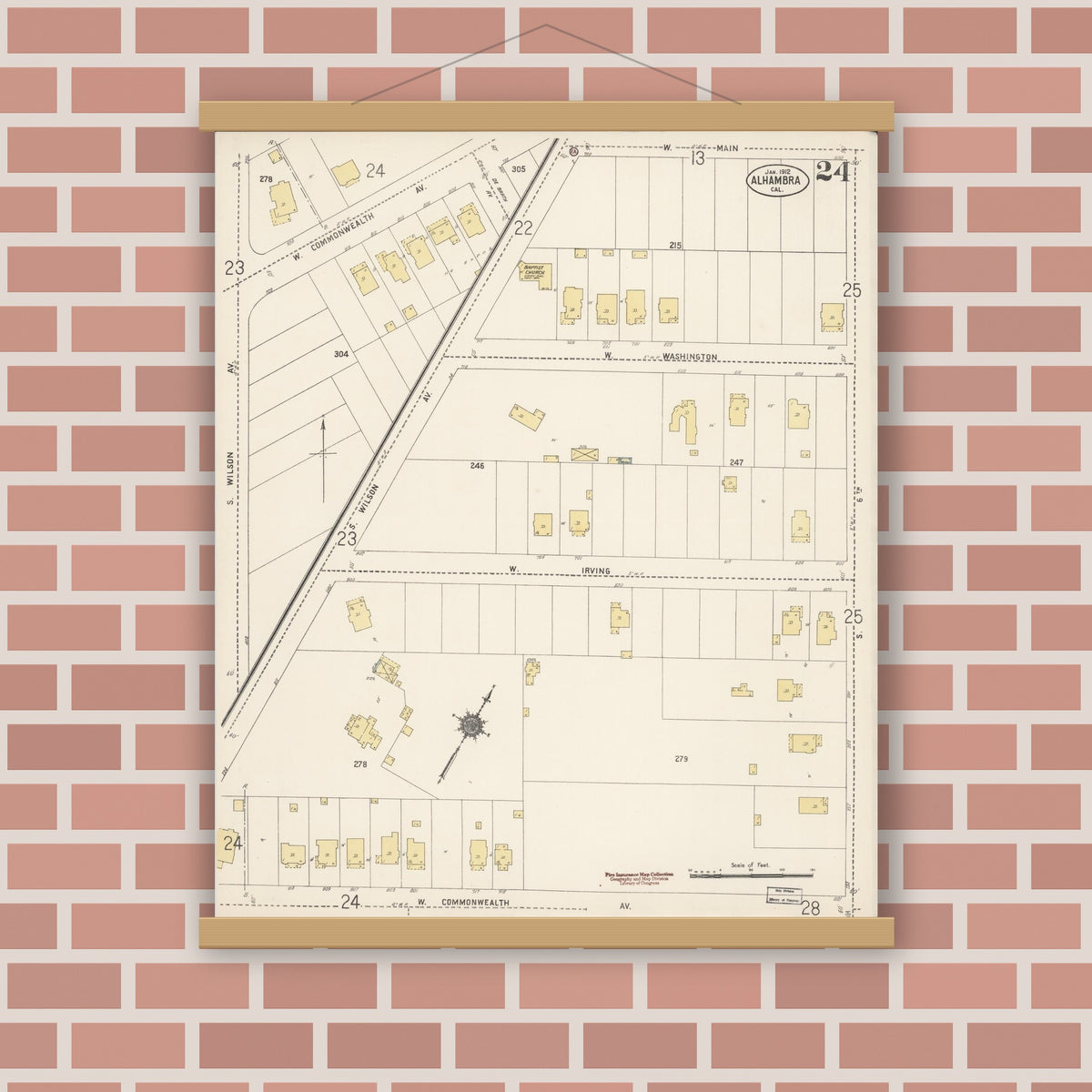 Old map wall art mockup — magnetic wood frame on brick wall — Sanborn Fire Insurance Map from Alhambra, Los Angeles County, California (1912), Sheet #0024