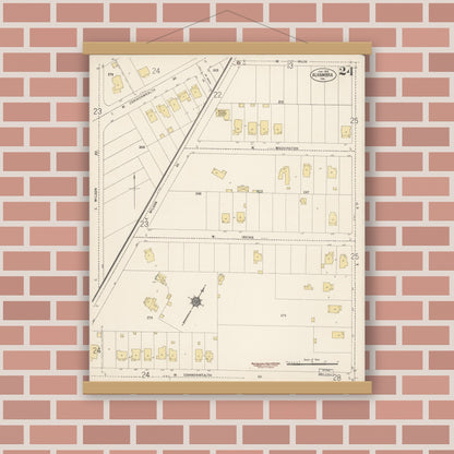 Old map wall art mockup — magnetic wood frame on brick wall — Sanborn Fire Insurance Map from Alhambra, Los Angeles County, California (1912), Sheet #0024