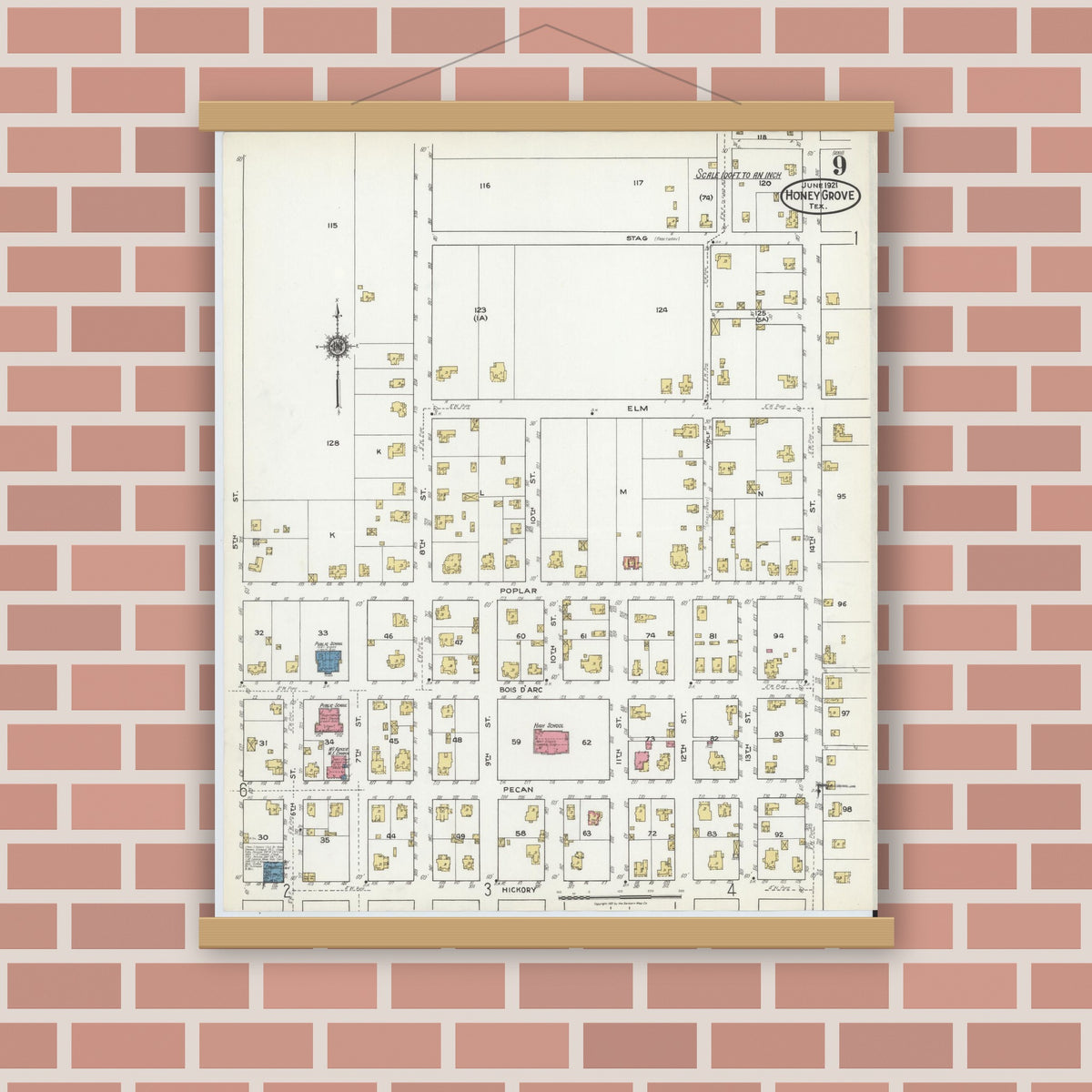 Old map wall art mockup — magnetic wood frame on brick wall — Sanborn Fire Insurance Map from Honey Grove, Fannin County, Texas (1921), Sheet #0009