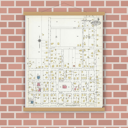 Old map wall art mockup — magnetic wood frame on brick wall — Sanborn Fire Insurance Map from Honey Grove, Fannin County, Texas (1921), Sheet #0009