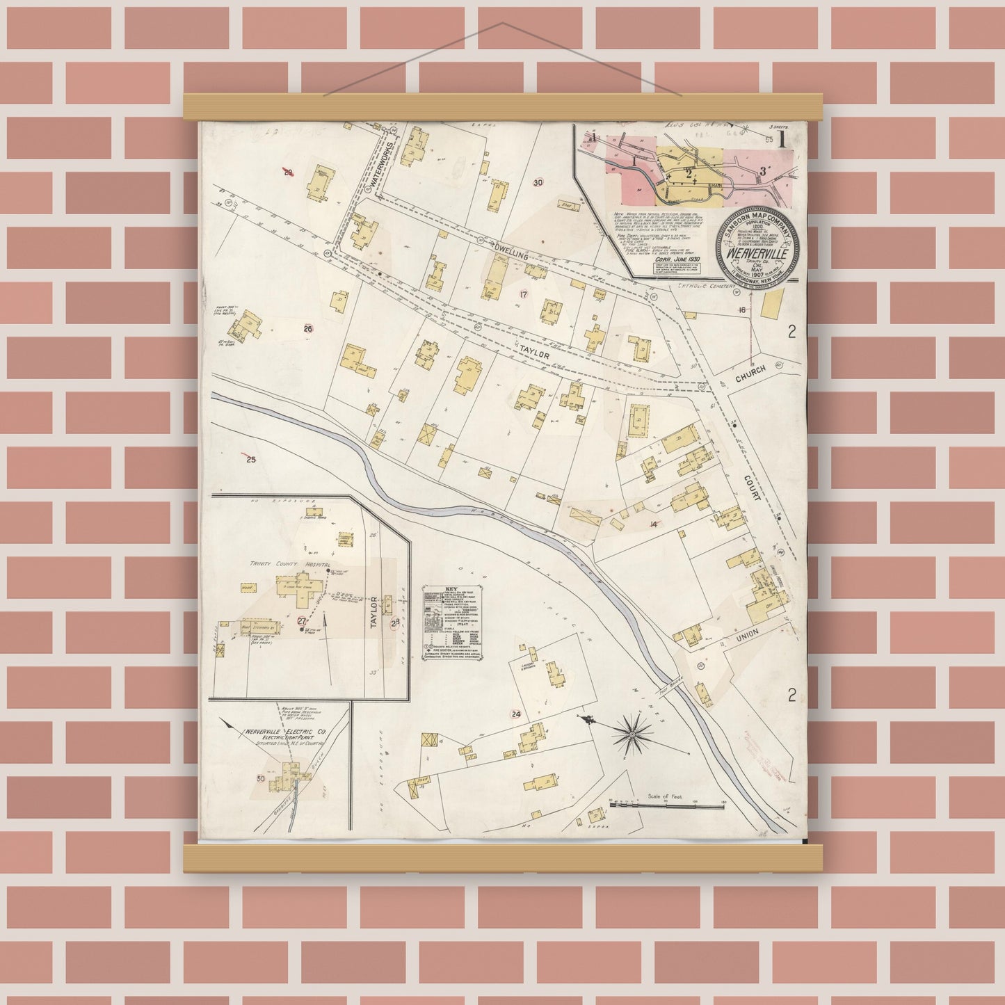 Old map wall art mockup — magnetic wood frame on brick wall — Sanborn Fire Insurance Map from Weaverville, Trinity County, California (1930) - Complete Map Set