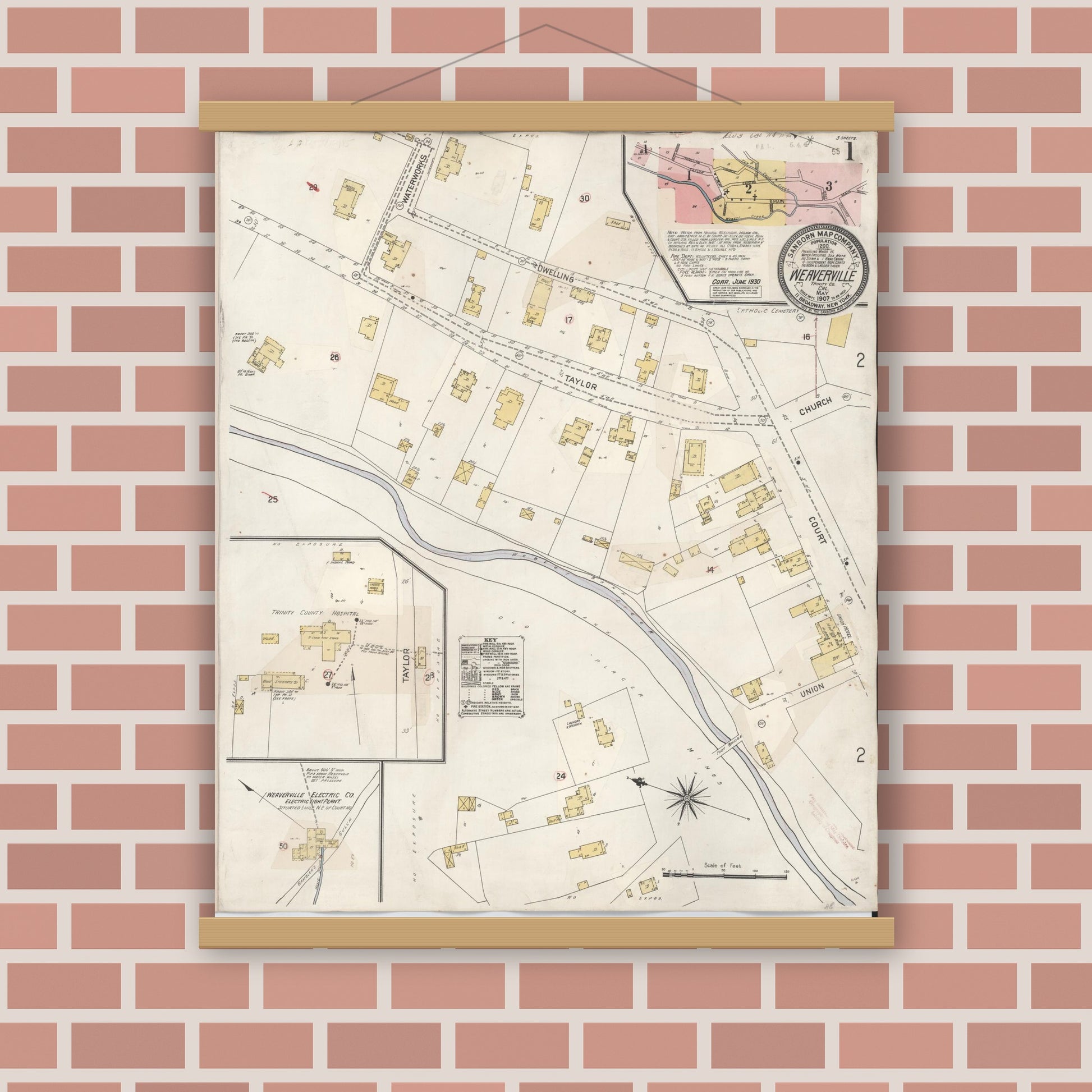 Old map wall art mockup — magnetic wood frame on brick wall — Sanborn Fire Insurance Map from Weaverville, Trinity County, California (1930) - Complete Map Set