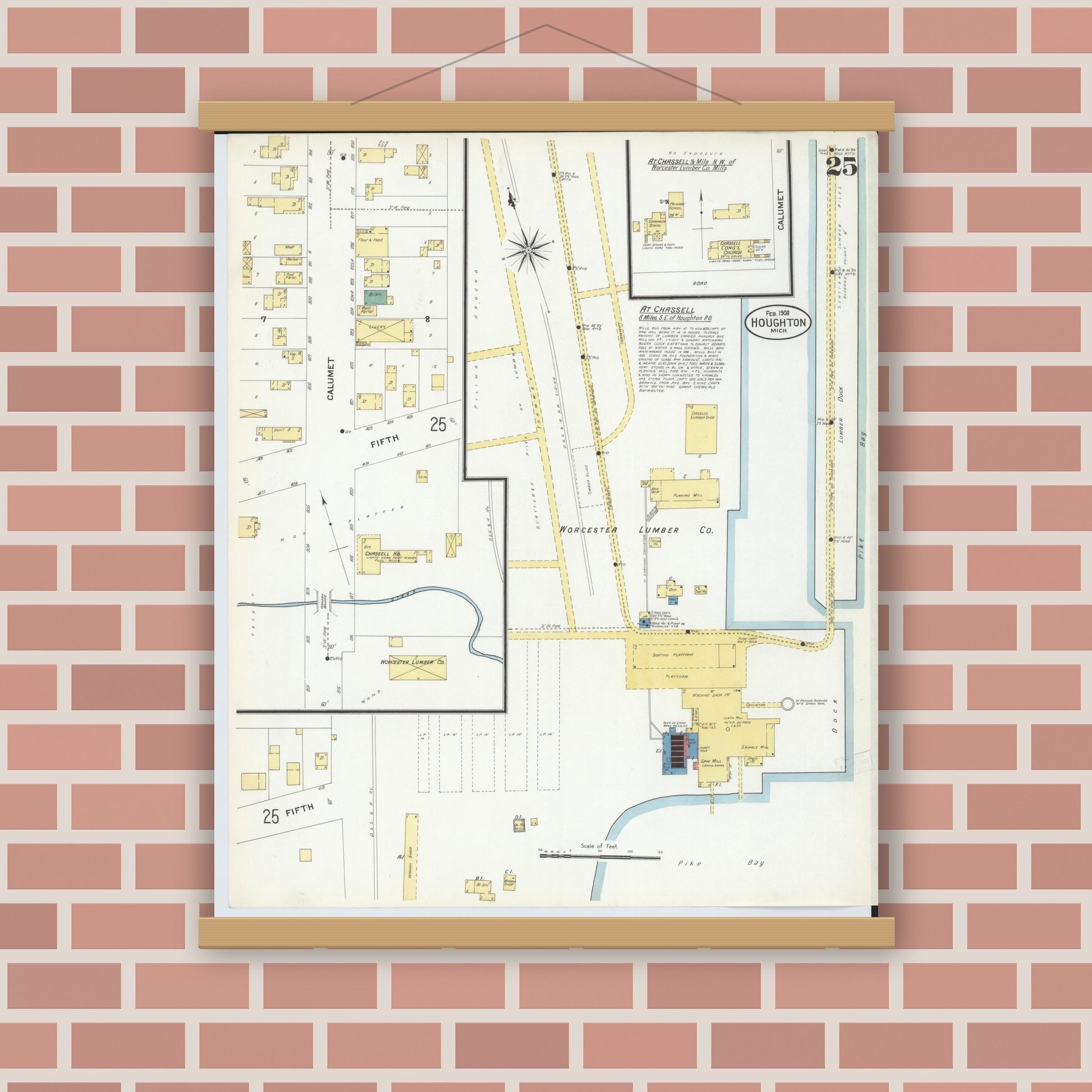 Old map wall art mockup — magnetic wood frame on brick wall — Sanborn Fire Insurance Map from Houghton, Houghton County, Michigan (1908), Sheet #0025