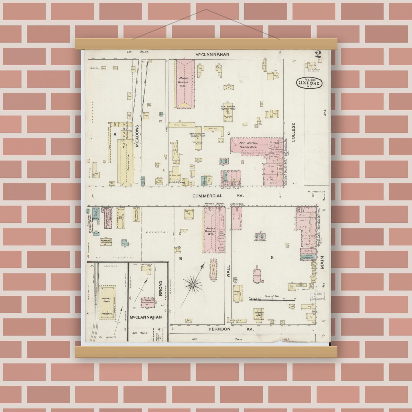 Old map wall art mockup — magnetic wood frame on brick wall — Sanborn Fire Insurance Map from Oxford, Granville County, North Carolina (1888), Sheet #0002