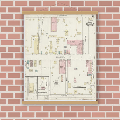 Old map wall art mockup — magnetic wood frame on brick wall — Sanborn Fire Insurance Map from Oxford, Granville County, North Carolina (1888), Sheet #0002