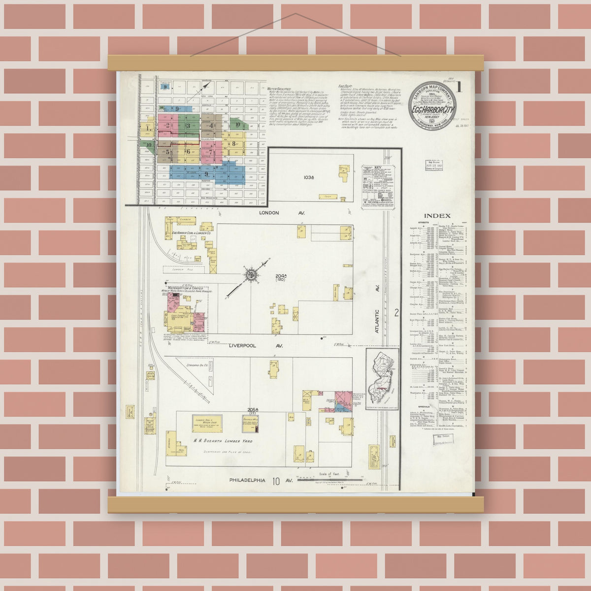 Old map wall art mockup — magnetic wood frame on brick wall — Sanborn Fire Insurance Map from Egg Harbor City, Atlantic County, New Jersey (1917), Sheet #0001