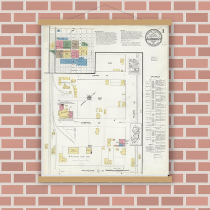 Old map wall art mockup — magnetic wood frame on brick wall — Sanborn Fire Insurance Map from Egg Harbor City, Atlantic County, New Jersey (1917), Sheet #0001