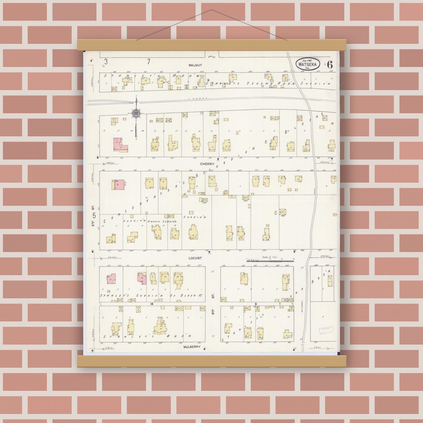 Old map wall art mockup — magnetic wood frame on brick wall — Sanborn Fire Insurance Map from Watseka, Iroquois County, Illinois (1911), Sheet #0006