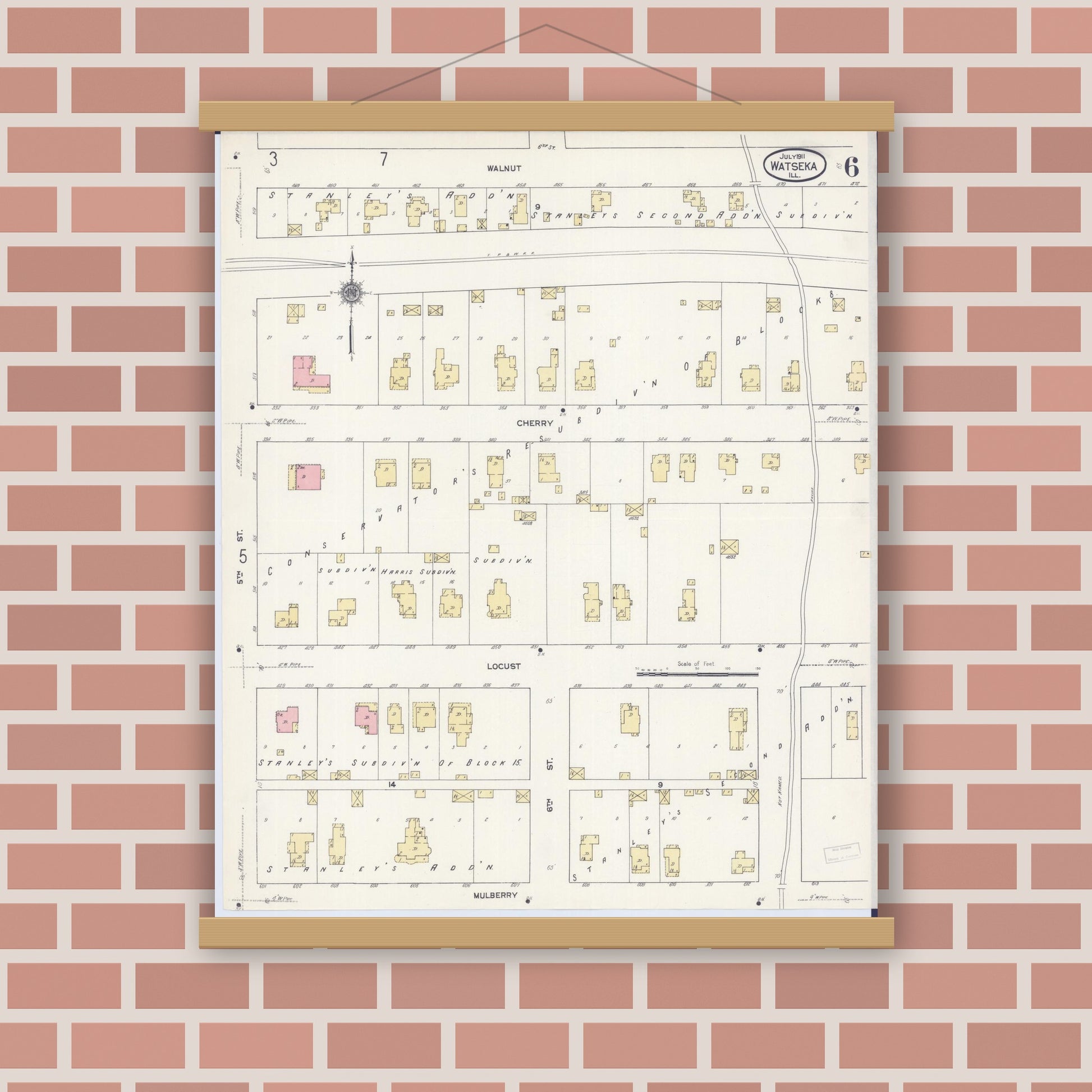 Old map wall art mockup — magnetic wood frame on brick wall — Sanborn Fire Insurance Map from Watseka, Iroquois County, Illinois (1911), Sheet #0006