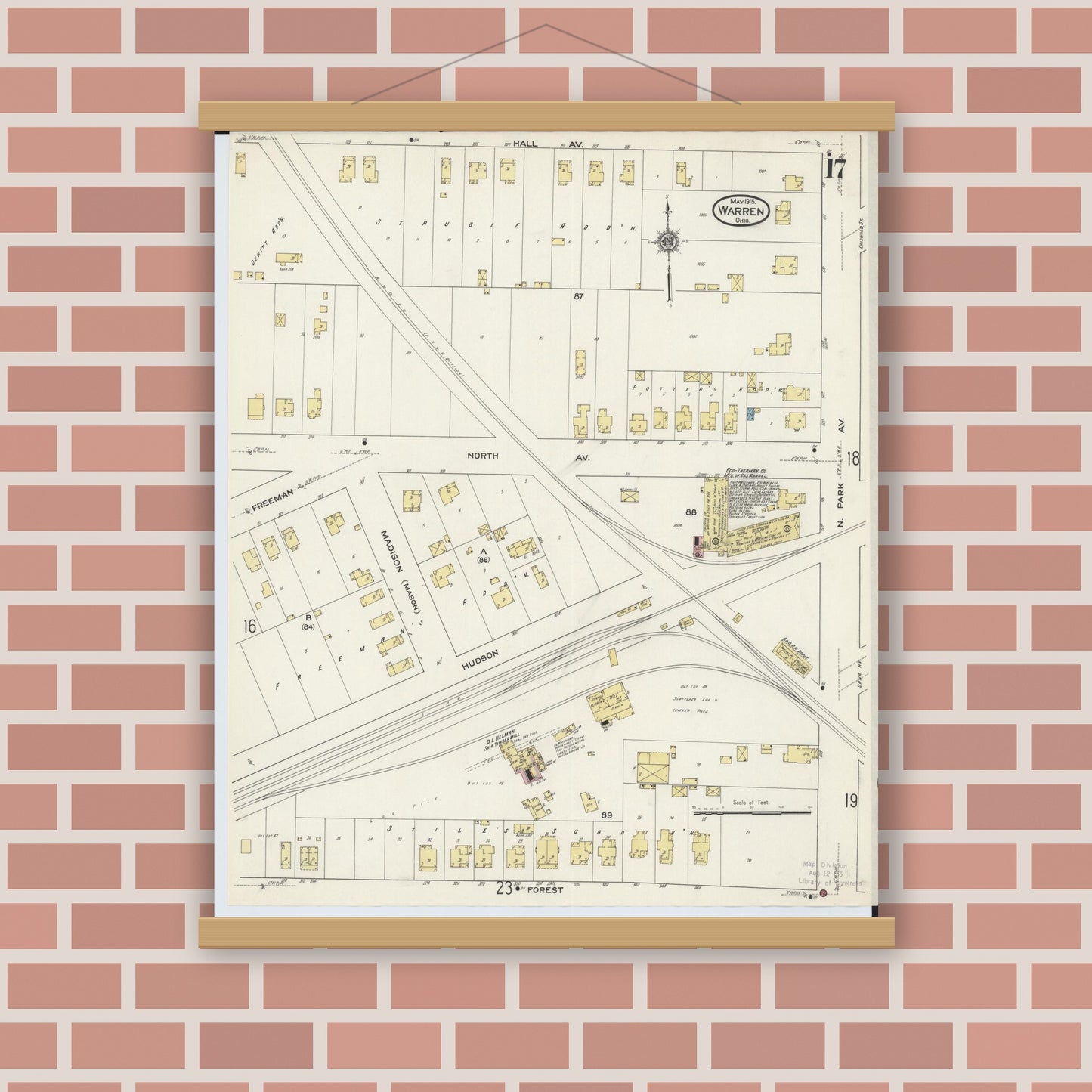 Old map wall art mockup — magnetic wood frame on brick wall — Sanborn Fire Insurance Map from Warren, Trumbull County, Ohio (1915), Sheet #0017
