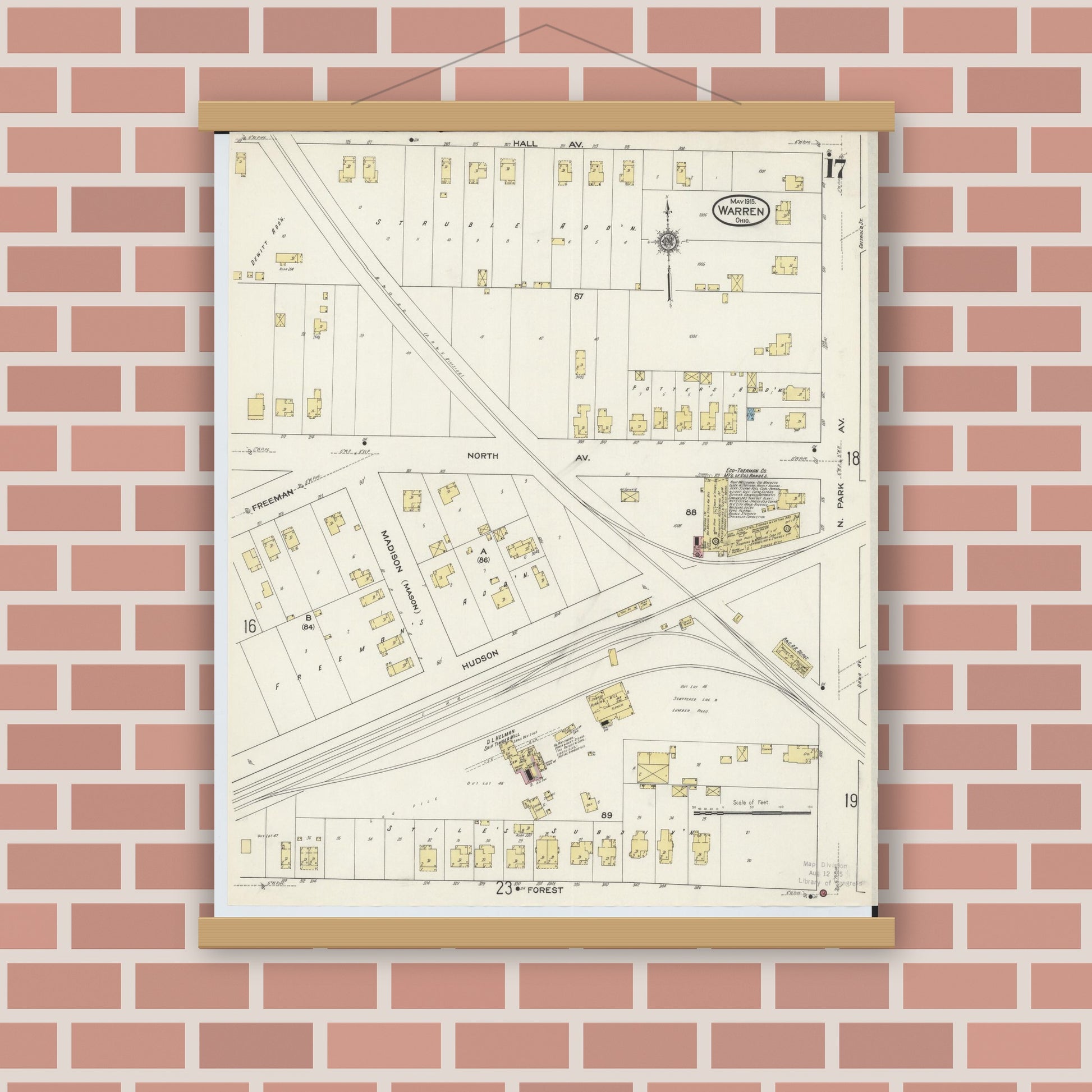 Old map wall art mockup — magnetic wood frame on brick wall — Sanborn Fire Insurance Map from Warren, Trumbull County, Ohio (1915), Sheet #0017