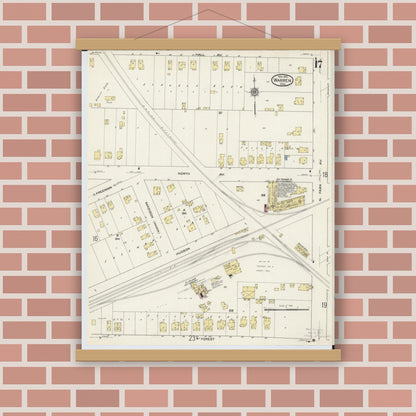 Old map wall art mockup — magnetic wood frame on brick wall — Sanborn Fire Insurance Map from Warren, Trumbull County, Ohio (1915), Sheet #0017