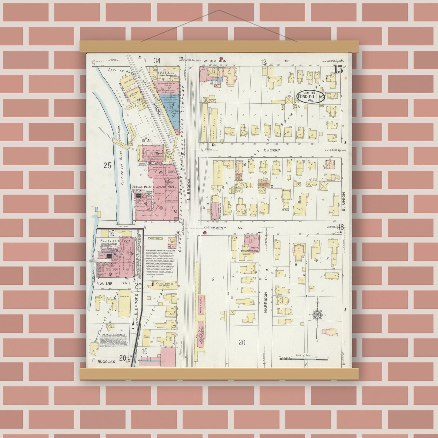 Old map wall art mockup — magnetic wood frame on brick wall — Sanborn Fire Insurance Map from Fond du Lac, Fond du Lac County, Wisconsin (1915), Sheet #0015