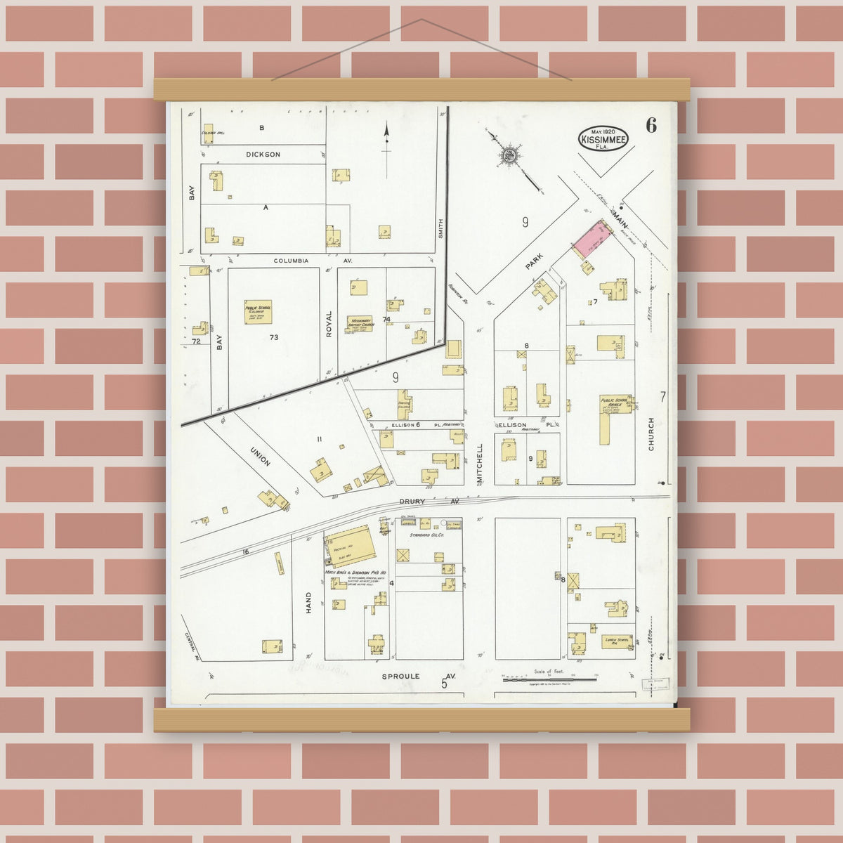 Old map wall art mockup — magnetic wood frame on brick wall — Sanborn Fire Insurance Map from Kissimmee, Osceola County, Florida (1920), Sheet #0006