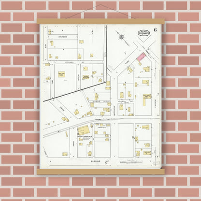 Old map wall art mockup — magnetic wood frame on brick wall — Sanborn Fire Insurance Map from Kissimmee, Osceola County, Florida (1920), Sheet #0006