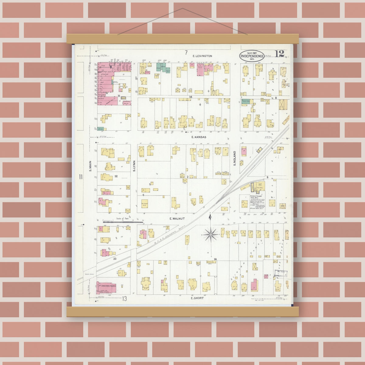Old map wall art mockup — magnetic wood frame on brick wall — Sanborn Fire Insurance Map from Independence, Jackson County, Missouri (1907), Sheet #0012