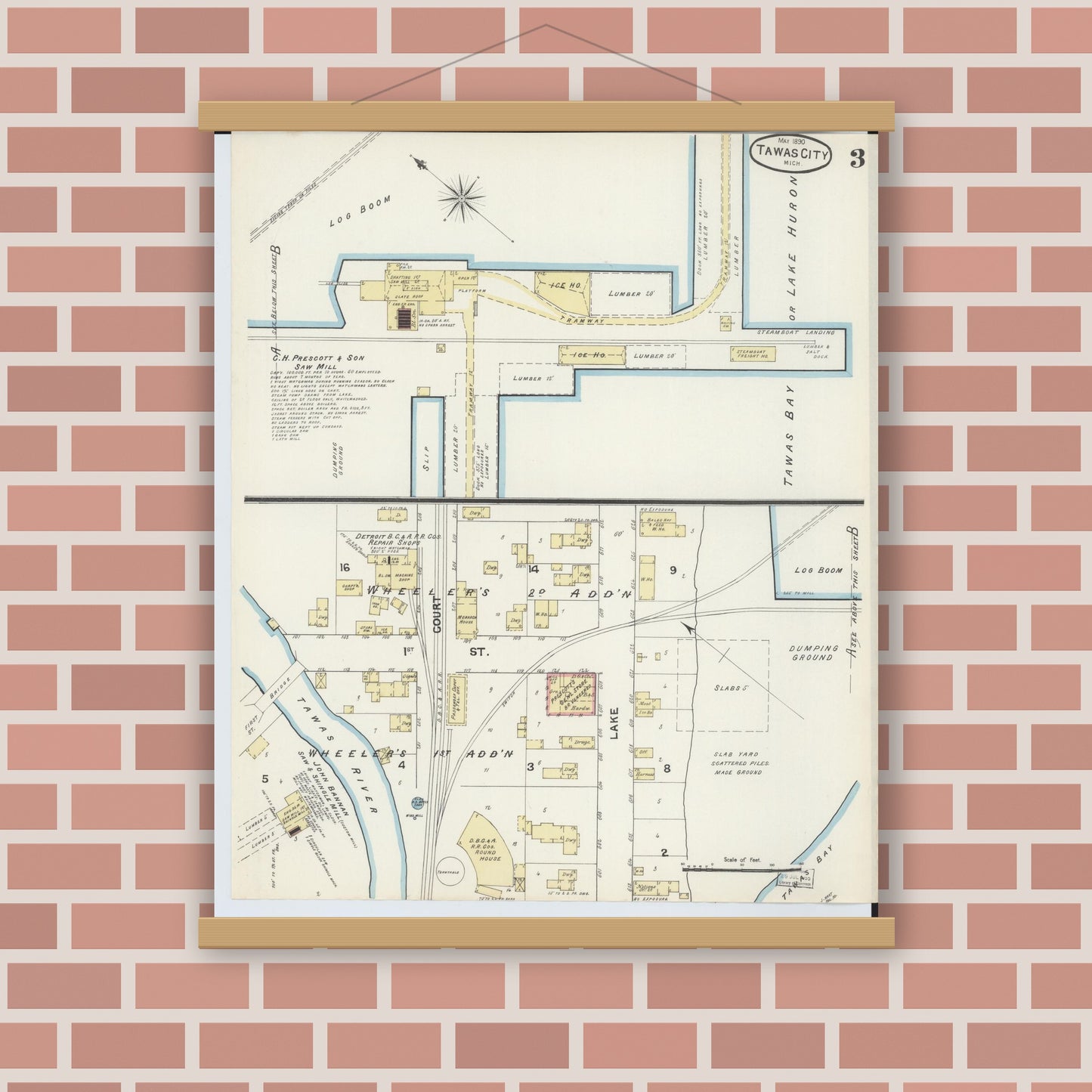 Old map wall art mockup — magnetic wood frame on brick wall — Sanborn Fire Insurance Map from East Tawas, Iosco County, Michigan (1890), Sheet #0003