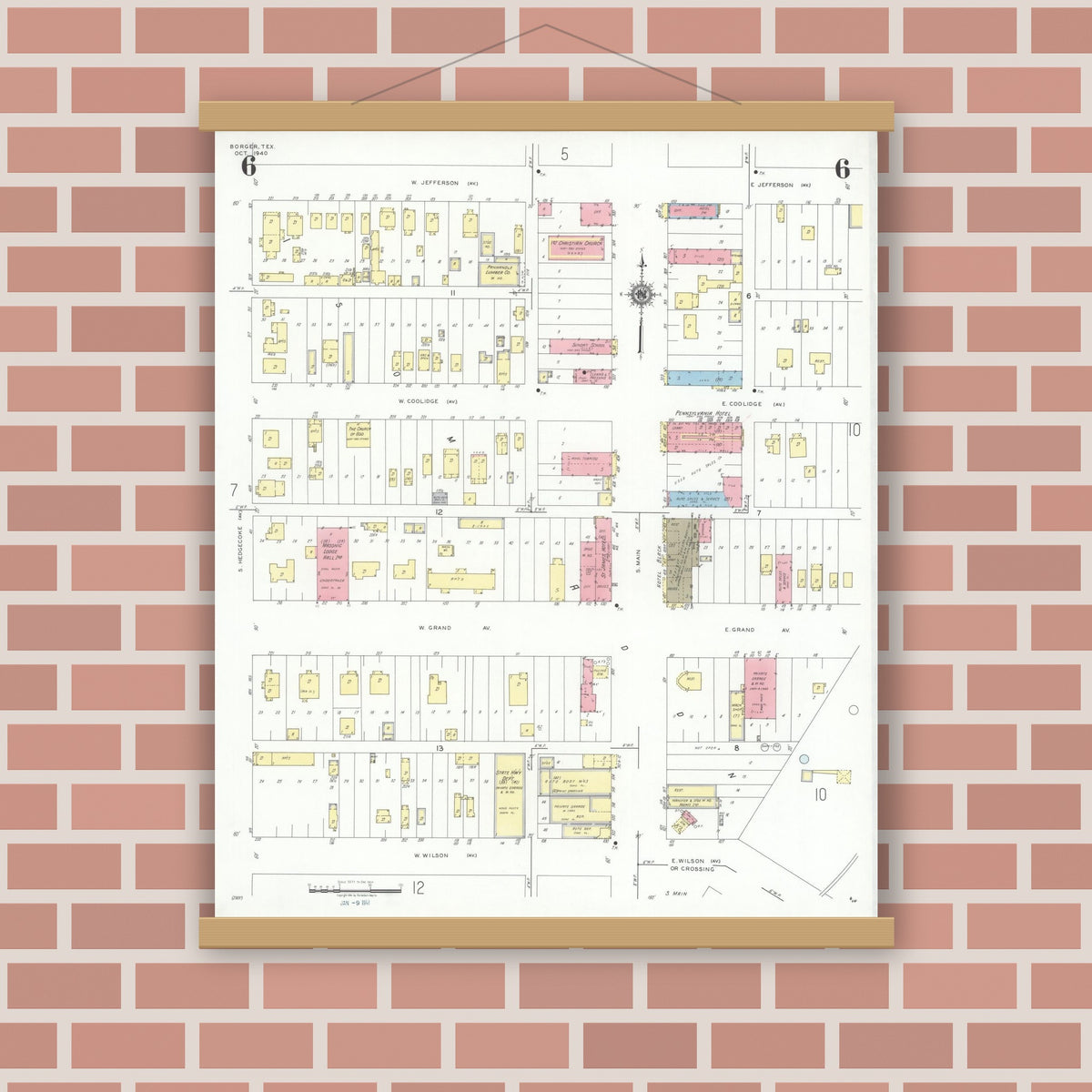 Old map wall art mockup — magnetic wood frame on brick wall — Sanborn Fire Insurance Map from Borger, Hutchinson County, Texas (1940), Sheet #0006