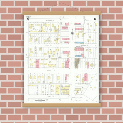 Old map wall art mockup — magnetic wood frame on brick wall — Sanborn Fire Insurance Map from Borger, Hutchinson County, Texas (1940), Sheet #0006