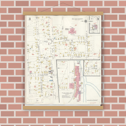 Old map wall art mockup — magnetic wood frame on brick wall — Sanborn Fire Insurance Map from White Pigeon, Saint Joseph County, Michigan (1954), Sheet #0003