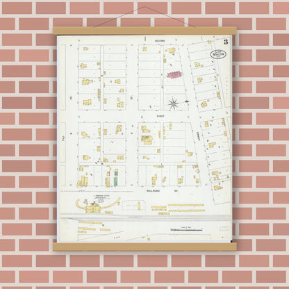 Old map wall art mockup — magnetic wood frame on brick wall — Sanborn Fire Insurance Map from Macon, Macon County, Illinois (1899), Sheet #0003